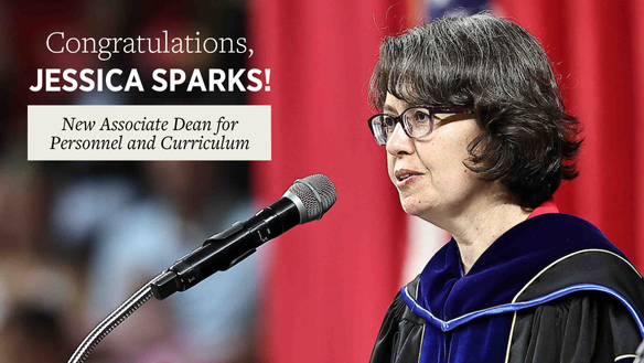 Jessica Sparks reads graduate names at commencement podium at recent CEC graduation ceremony. Text on image reads: Congratulations, Jessica Sparks! New Associate Dean for Personnel and Curriculum