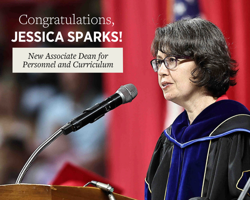 Jessica Sparks reads graduate names at commencement podium at recent CEC graduation ceremony. Text on image reads: Congratulations, Jessica Sparks! New Associate Dean for Personnel and Curriculum