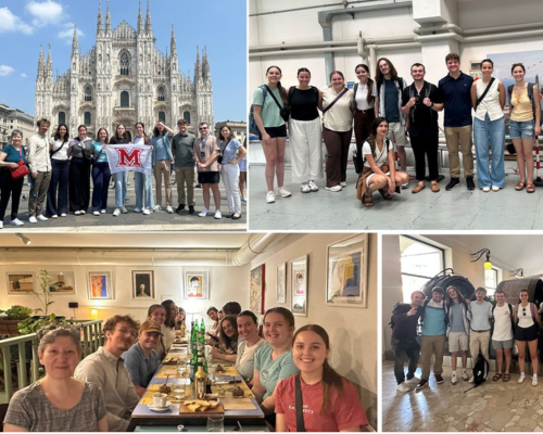 A grid of images demonstrate the study abroad European travels of Professor Amy Yousefi and a group of about a dozen undergraduate engineering students.