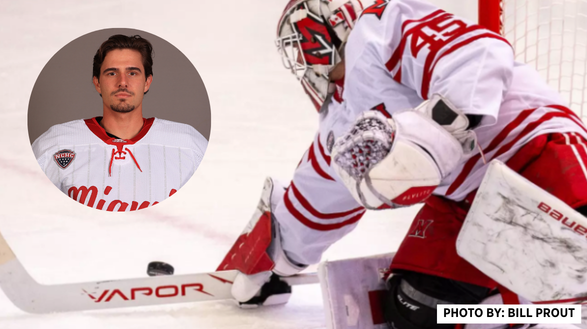 Matteo Drobac headshot combined with an action shot of him as goaltender. Photo by Bill Prout.