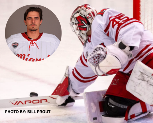 Matteo Drobac headshot combined with an action shot of him as goaltender. Photo by Bill Prout.