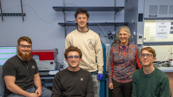 Catherine Almquist, Ph.D. with student researchers (L to R) Josiah Warrington, David Metzger, Gabe Gabrovsek, and Sean Elliot.