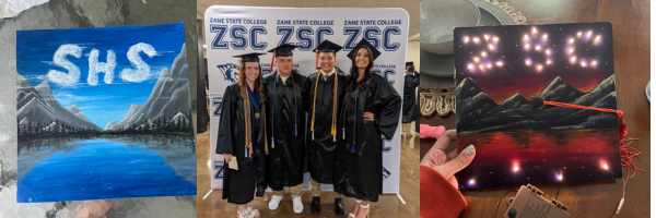 Charlize Hadix's handpainted grad caps plus a photo with friends at her Zane State College graduation.
