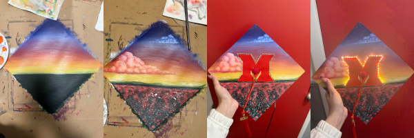 The process of painting a graduation cap and adding lights.