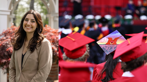 Portrait of Charlize Hadix with photo of back of her grad cap, which has a sunset and a light up M
