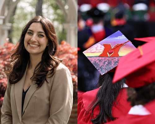 Portrait of Charlize Hadix with photo of back of her grad cap, which has a sunset and a light up M