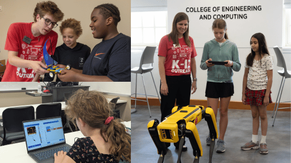 A grid of four images shows a variety of middle school students engaging in CEC outreach programs in robotics, mechanical engineering, and computing.