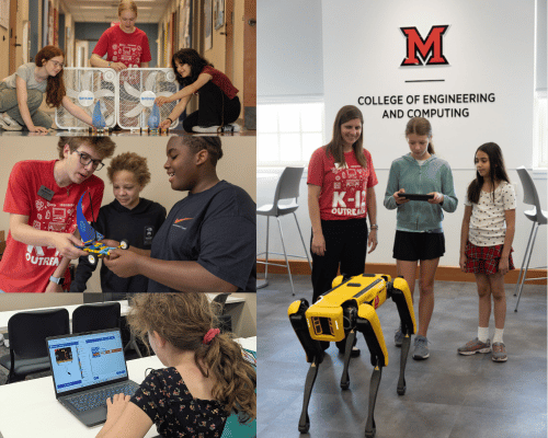 A grid of three images shows a variety of middle school students engaging in CEC outreach programs in robotics, mechanical engineering, and computing.