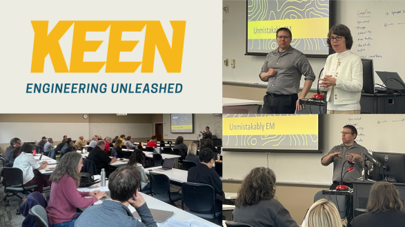 The KEEN Engineering Unleashed logo with snapshots from the faculty development workshop.
