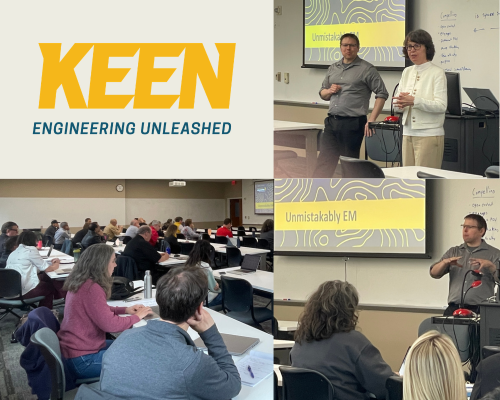 The KEEN Engineering Unleashed logo with snapshots from the faculty development workshop.
