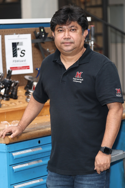 Muhammad Jahan, Ph.D., stands for a portrait in the Miami University MME High Bay Lab in Oxford, Ohio.