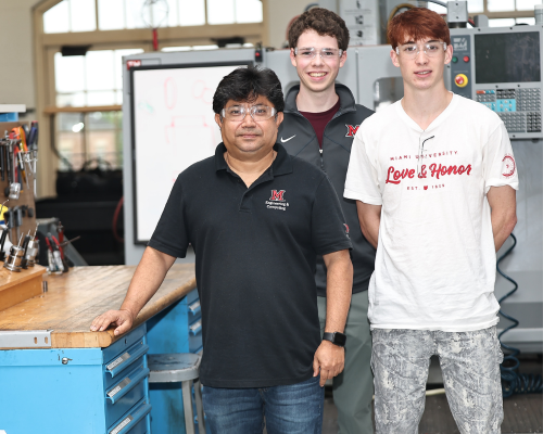 Muhammad Jahan, Ph.D., in the Miami University MME High Bay Lab in Oxford, Ohio, with two student members of his research team.