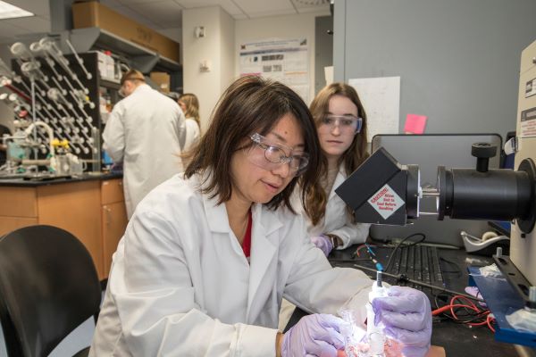 Professor Lei Kerr working in a lab