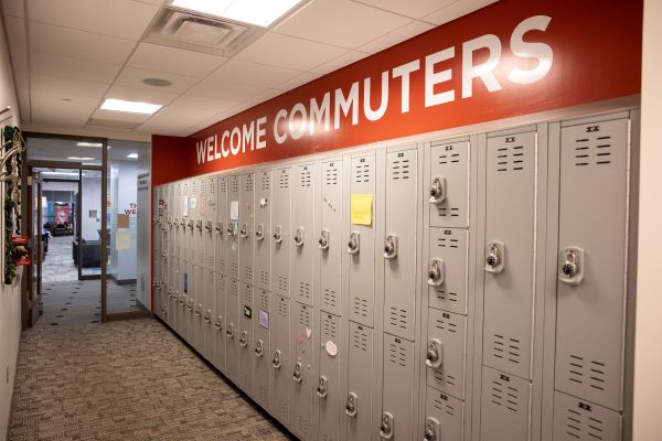 Lockers with welcome commuter sign above them