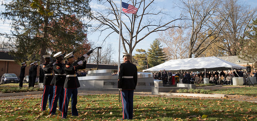 ROTC students perform a three-gun salute at the Alumni Veterans Tribute dedication ceremony.