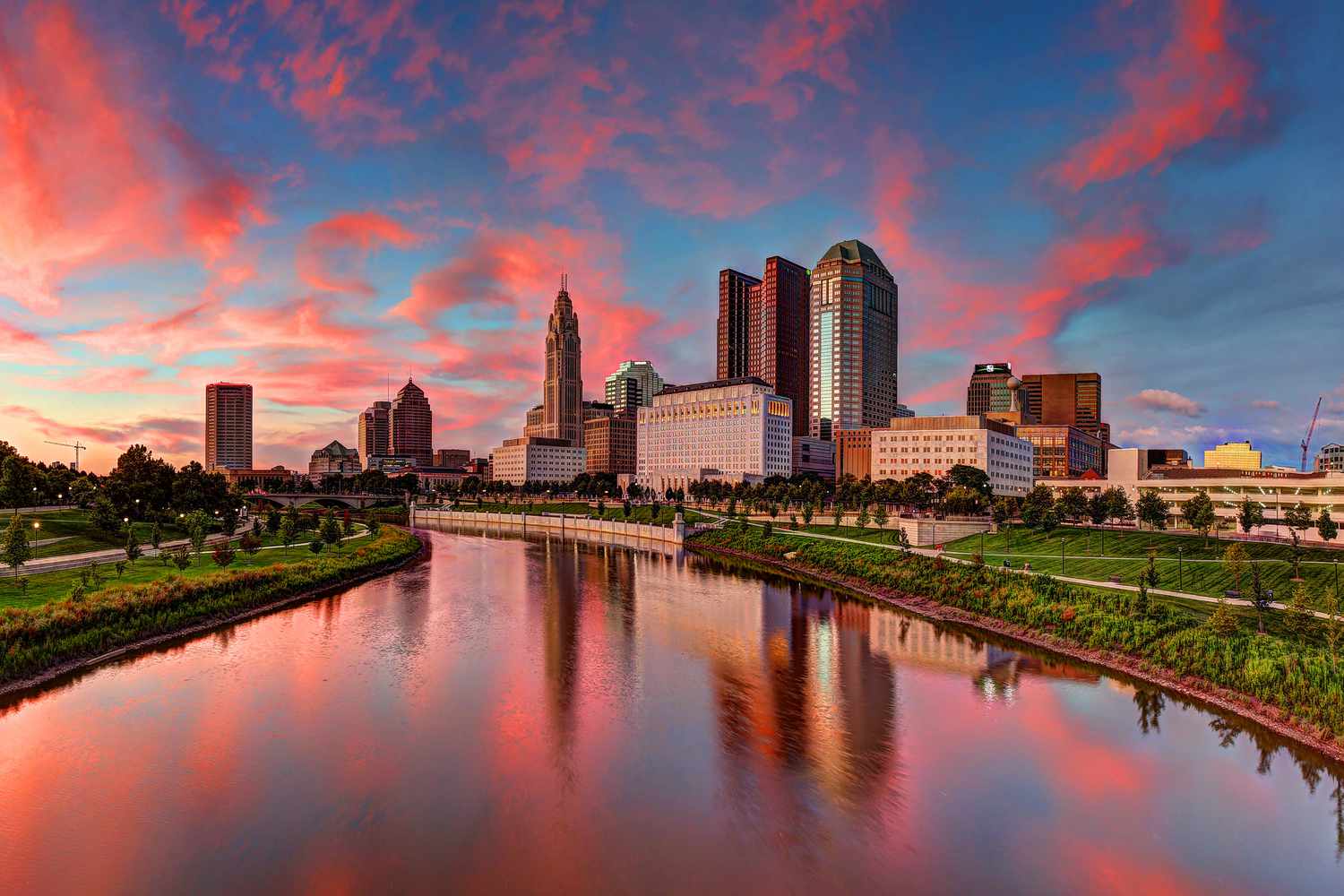 The Columbus skyline at dusk.