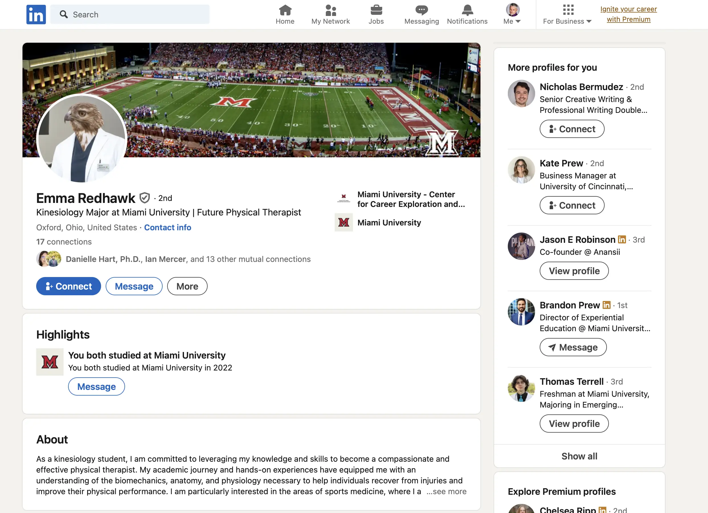 A LinkedIn profile for Emma RedHawk, a hawk studying Kinesiology at Miami.