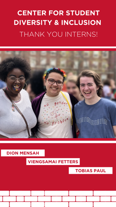 Text reads Center for Student Diversity & Inclusion. Thank you Interns! Three students at Mega Fair - Dion Mensah, Viengsamai Fetters, and Tobias Paul