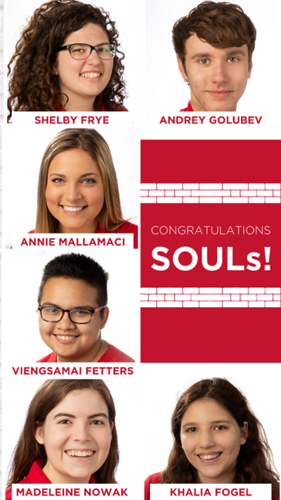 Grid of six student faces, names labeled Andrey Golubev, Shelby Frye, Annie Mallamaci, Viengsamai Fetters, Madeline Nowak, and Khalia Fogel. Text reads Congratulations, SOULs!