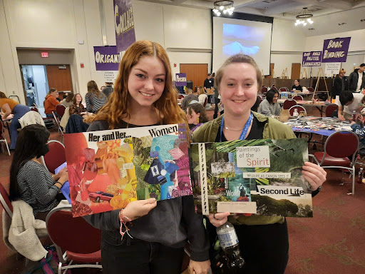 Ames Radwan and friend Lauren Kuenker at Art After Dark, holding up finished collages.