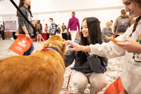 A retriever dog and two students are knelt down petting it.