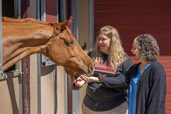 Two people petting a horse at drop-in horse therapy
