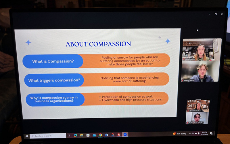 Mason Welch and Celia Powers, presenting on a zoom screen about compassion.