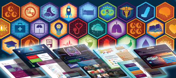 Health-related icons and game screenshots