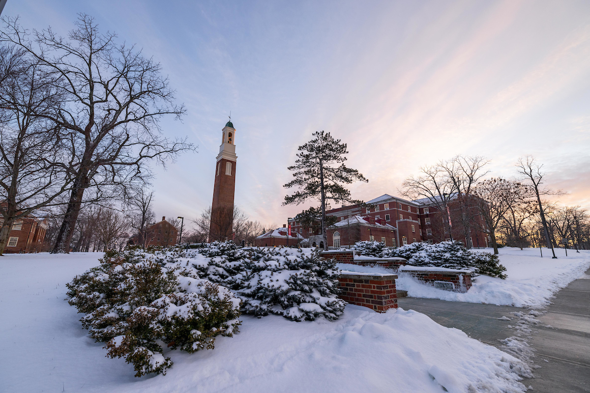The Bell Tower on a snowy winter day just after sunrise.