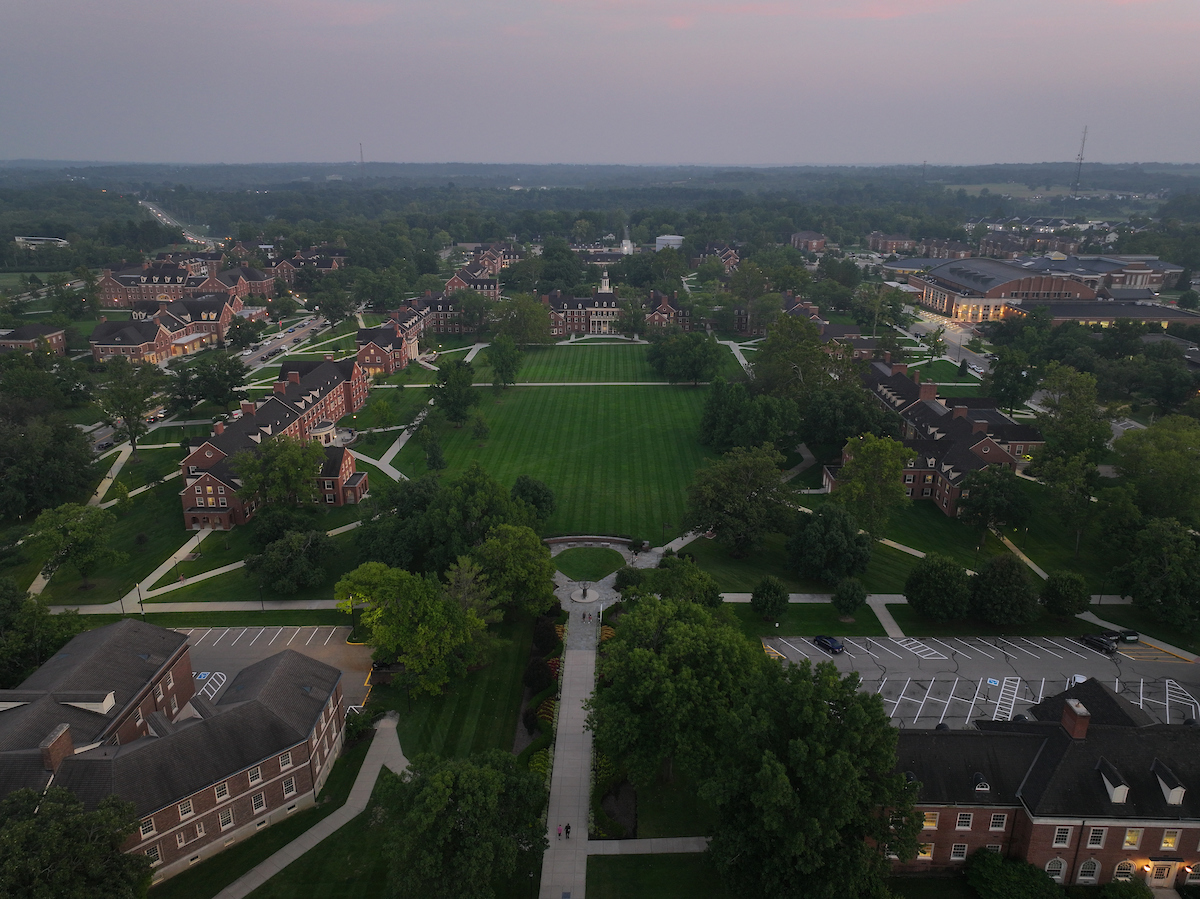 An aerial view of the campus green.