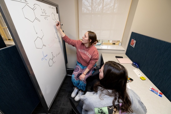 Rinella tutor writing on a large dry erase board, another student watching nearby.