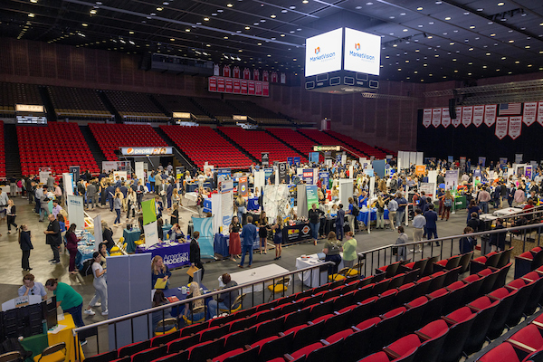 The interior of Millett Hall during a Career Fair.