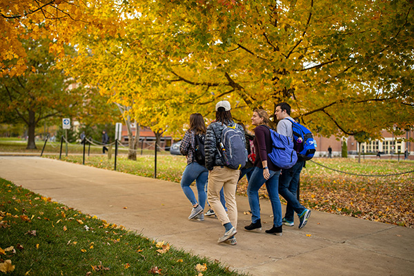 A group of students walk through the quad in the fall.