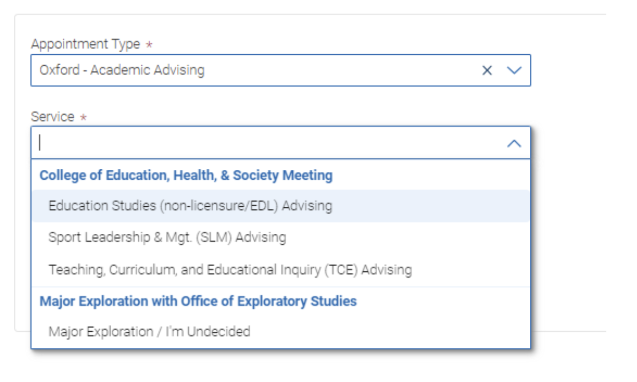 The drop-down menu for scheduling availability by your major and campus in Navigate Student.