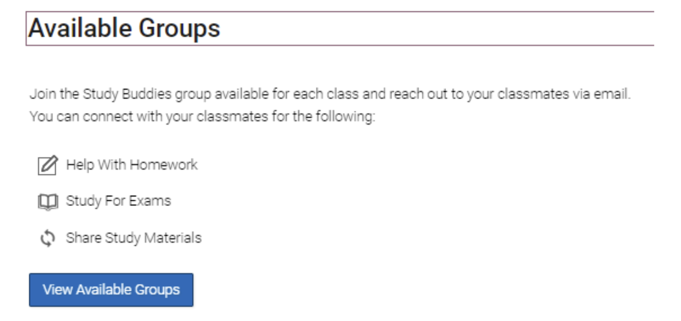 How available groups display in Navigate student. You can ask for help with homework, study for exams, or share study materials.