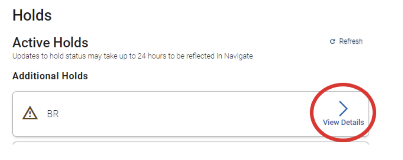 How Active Holds displays in Navigate Student. To view details, you click the arrow on the right-hand side of the box.
