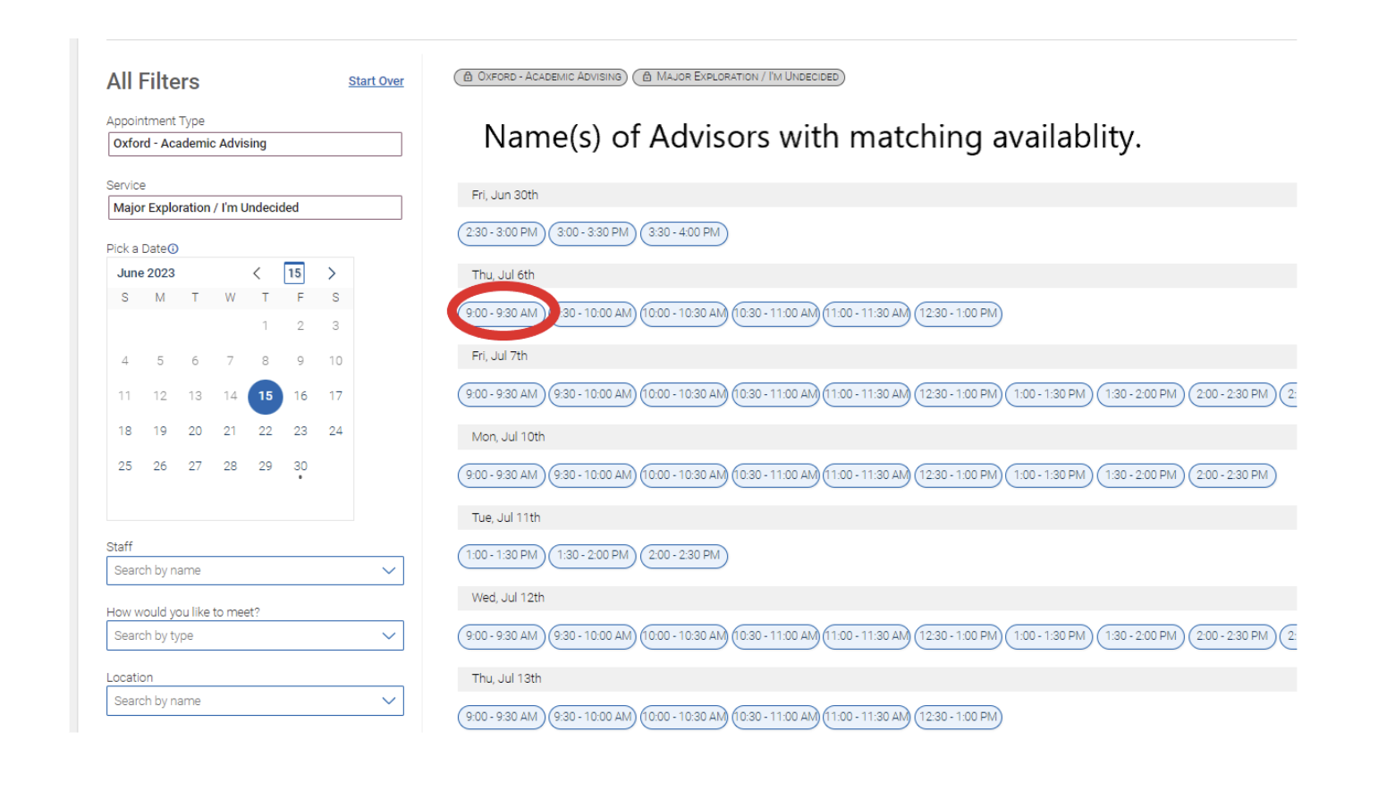 Advisor meeting times can be selected in Navigate Student.