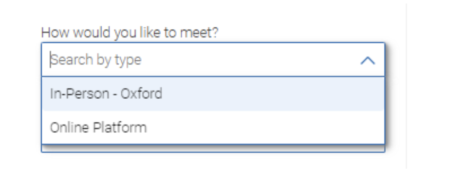 Select a virtual or an in-person meeting in Navigate Student.