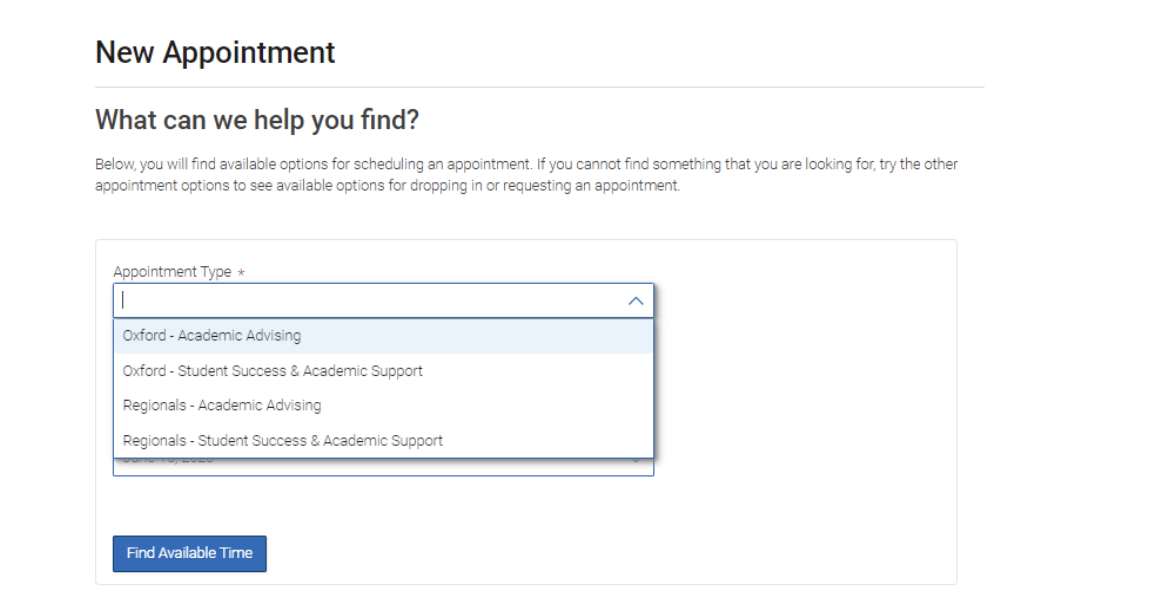 An image displaying the drop-down menu for scheduling availability in Navigate Student.