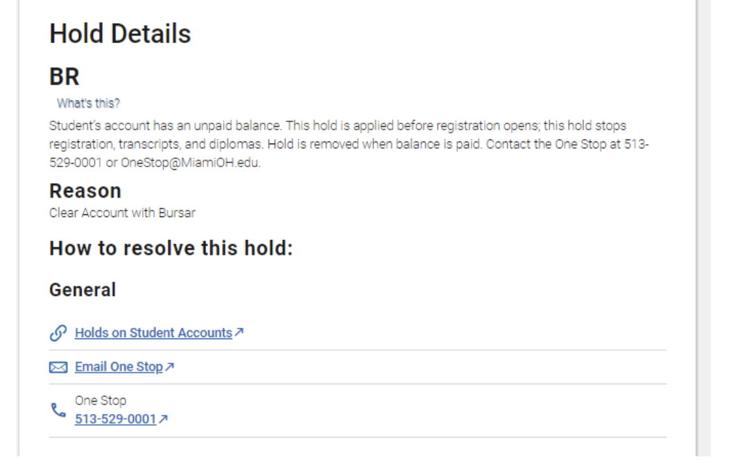 How a hold displays in Navigate Student. The example is the Bursar BR hold for an unpaid balance and directs students to contact the One Stop for assistance.
