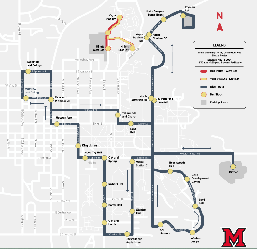 Blue Route for main commencement ceremony shuttle on May 18, 2024. Click to Download a .pdf of this Map.