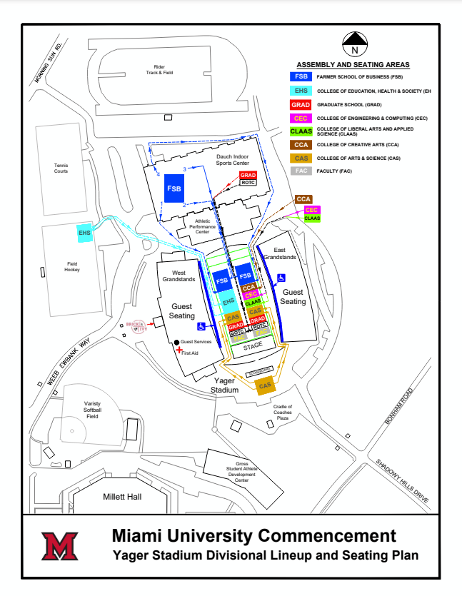 Map of Yager Stadium for Divisional Commencement processional line up and ceremonial seating