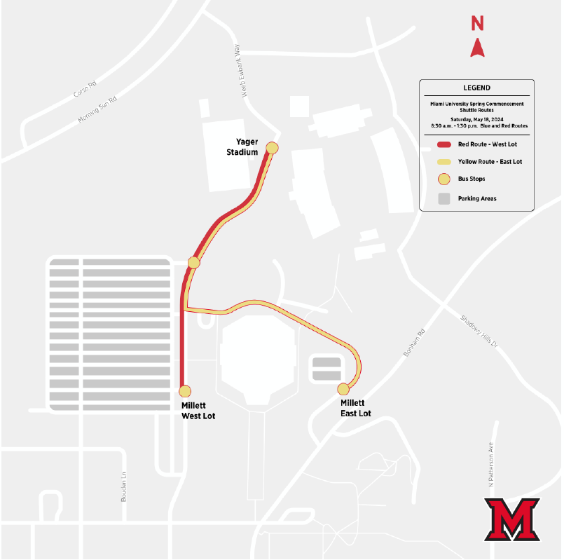 Red and Yellow Route maps for the main commencment ceremony on May 18, 2024 at Yager Stadium