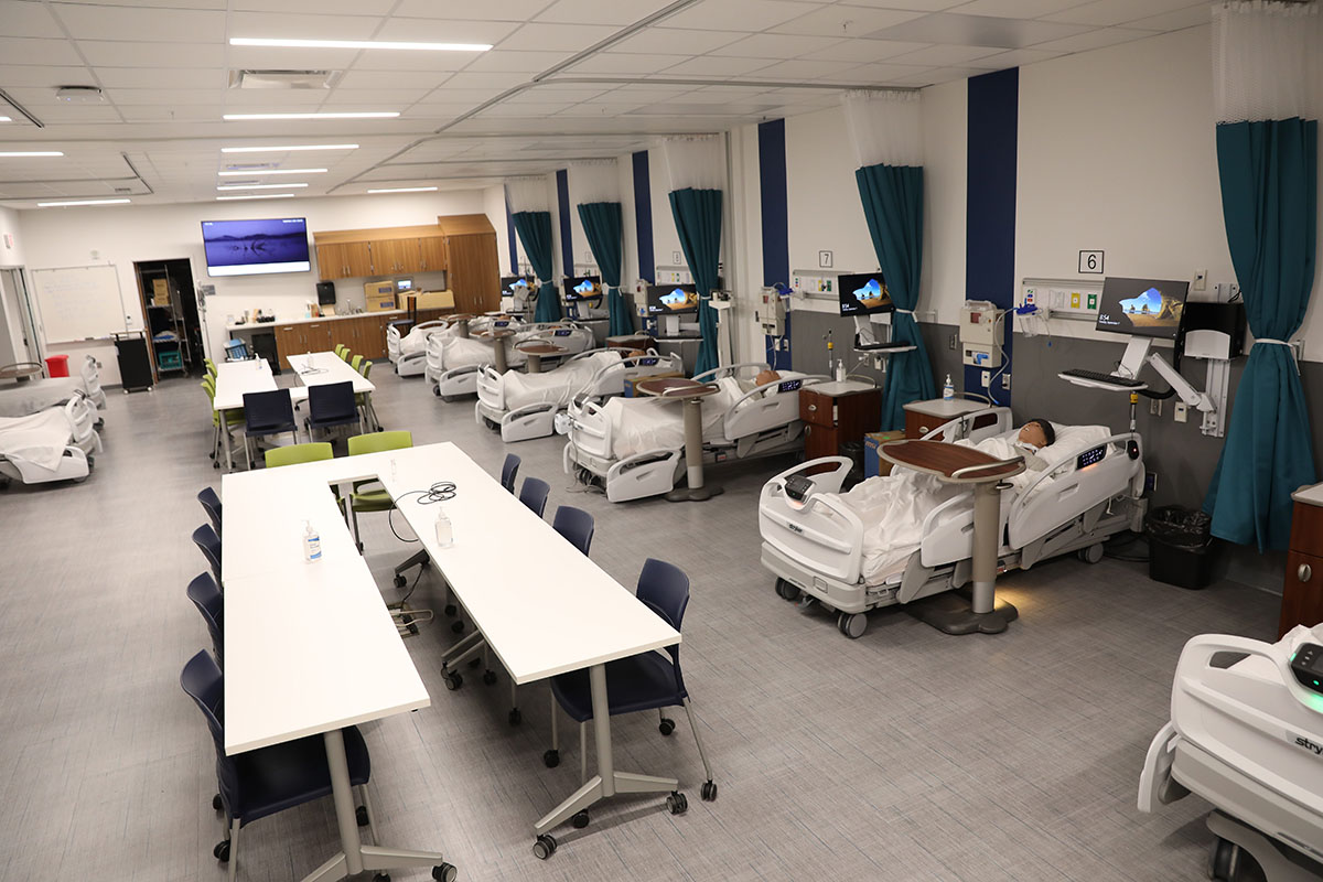 Interior of the multi-bed skills lab in the Nursing Innovation Hub on the Hamilton campus
