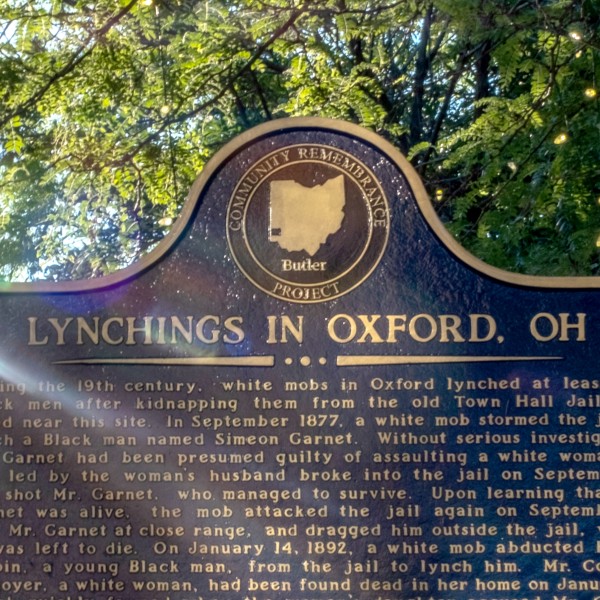 Historical marker of lynchings in uptown Oxford