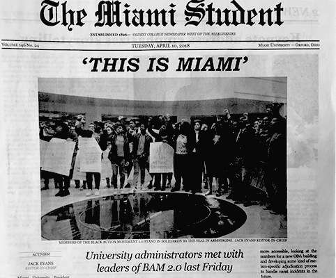 Front page of the Miami Student featuring an article on a meeting between the University administrators and the leaders of BAM 2.0