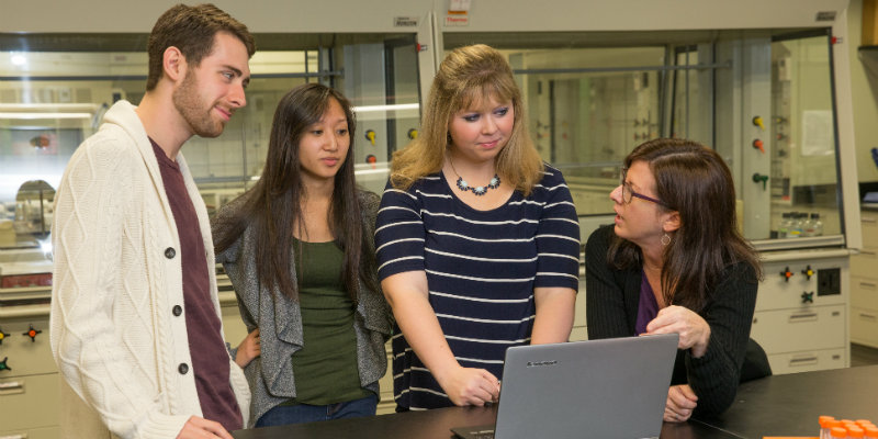 Students working with their professor in a Social Work class. 