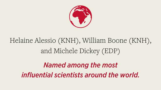 a small-scaled Earth with the words Helaine aLESSIO (KNH), William Boone (KNH), and Michele Dickey (EDP) Named among the most influential scientists around the world underneath