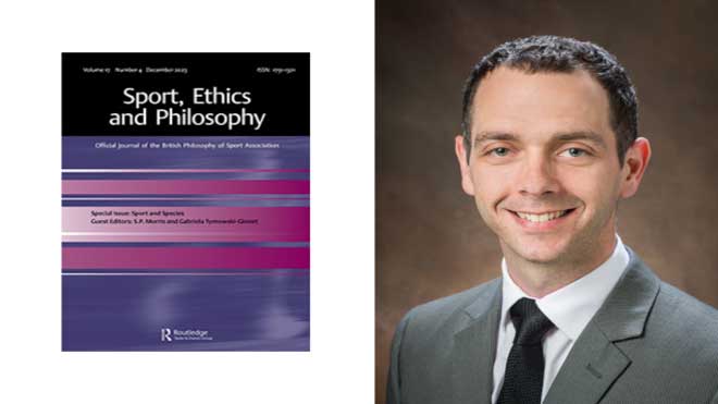 Sam Morris with the cover of a publication titled Sport, Ethics and Philosophy