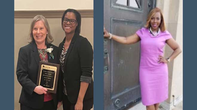 Amy Roberts being presented with award plaque on the left and Shawnieka Pope standing in front of a door on the right